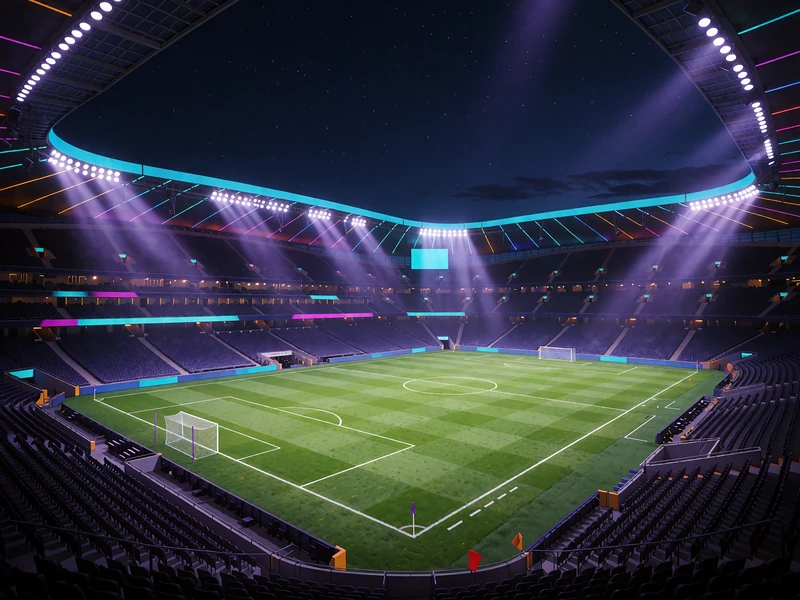 Tom fodboldstadion om natten med gr&oslash;n bane, kraftige projekt&oslash;rer og et let violet sl&oslash;r set fra tribunen