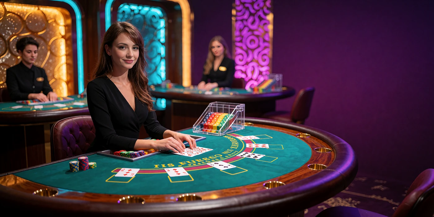 Live blackjack-dealer ved et gr&oslash;nt bord i et casinostudie med flere live-borde i baggrunden hos V.Vegas Casino