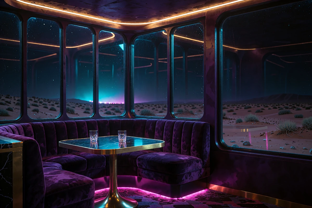 Tom privat lounge om natten med violet velourb&aelig;nk, messingbord og vinduer mod en neongl&oslash;dende &oslash;rken - VIP-klubben hos V.Vegas Casino