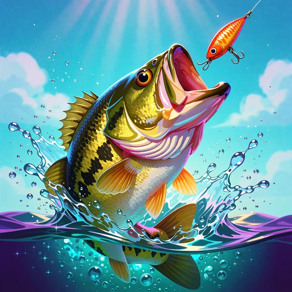 Gr&oslash;n og gylden bas springer op af turkis vand mod en fiskeagn - illustration til slotten Big Bass Bonanza