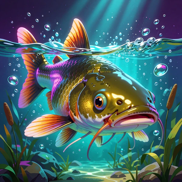 Stor malle med lange sk&aelig;gtr&aring;de sv&oslash;mmer i klart tealfarvet vand - illustration til den nye slot Catfish Hunters