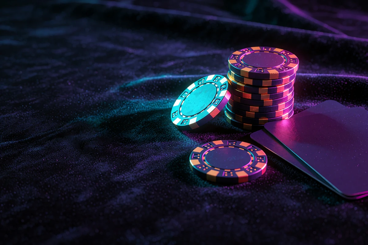 Stak af magenta-, cyan- og guldchips ved to kort med bagsiden opad p&aring; m&oslash;rkt fl&oslash;jl med neonkant - designuniverset hos V.Vegas Casino