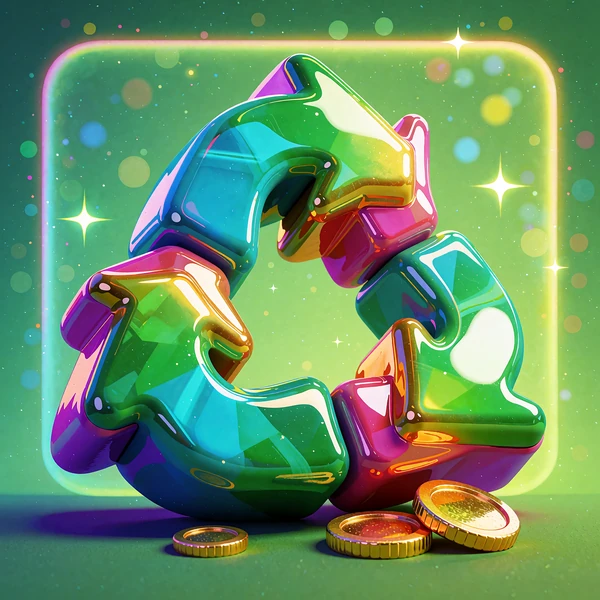 Tre blanke gr&oslash;nne pile i et kredsl&oslash;b med guldm&oslash;nter p&aring; lime baggrund - illustration til den nye slot Recycle Riches