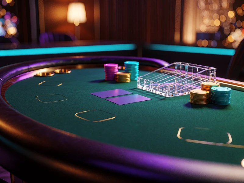 Tomt live-baccaratbord med gr&oslash;n filt, kortsko, to kort med bagsiden opad og stakke af chips i et casinostudie